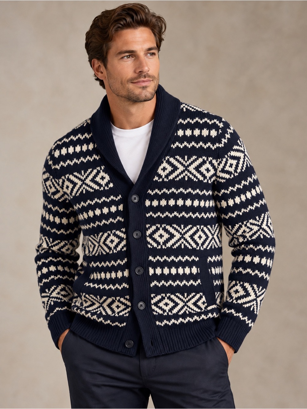 Banana Republic Men's Medium New Navy Shawl Collar Fair Isle Cardigan Sweater